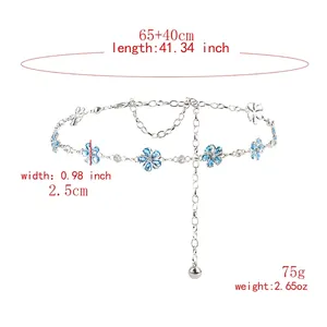 Silver waist chain belt with light blue five-petal flower charms and crystal accents