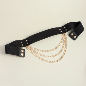 Women's chic black elastic waist belt with multiple layers of hanging gold metal chains