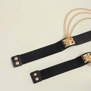 Elastic black waist belt with triple gold chains and metallic rivets for dresses