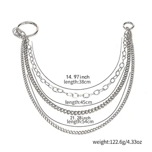 Three-layer silver metal chain belt with punk style and round metal ring accessory