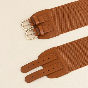 Brown wide elastic waist belt for women with double pin buckle and retro design