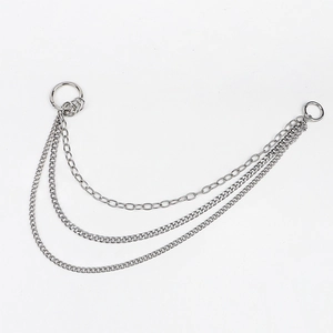 Close-up of triple-layered silver metal chain with round clasps for jeans and belts