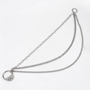 Detail showing triple-layer silver metal waist chain with multiple ring connectors