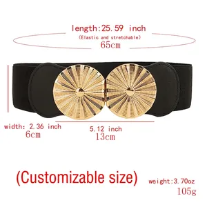 Ceinture large élastique noire pour femme avec boucle ronde dorée soleil
