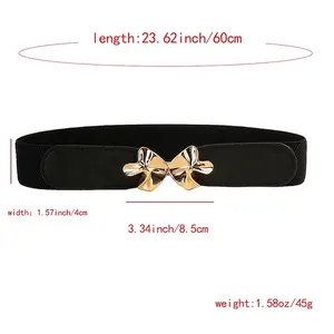 Elastic black waist belt for dresses with gold mushroom buckle and size measurements