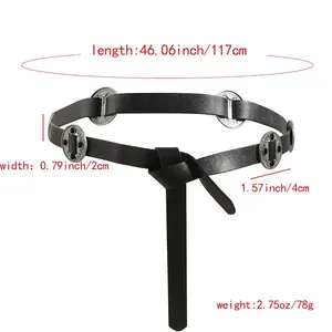 Ceinture vintage en cuir noir pour femme avec boucles ciselées en métal argenté, 117cm