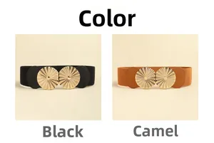 Détails des ceintures élastiques en noir et camel avec boucles dorées à motif soleil