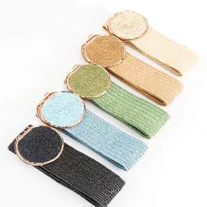 Elastic straw woven waist belt for dresses with decorative gold metal round buckle set of 5