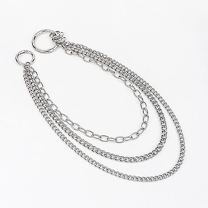 Three-layer silver punk metal waist chain with circular spring clasps on white background