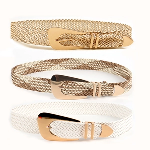 Women's woven waist belts in gold, brown, and white with elegant vintage metal buckles