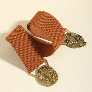 Vista dettagliata della fibbia a gru vintage in bronzo e cintura elastica marrone