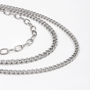 Three-layered silver punk waist chain with Cuban and oval links for women's jeans