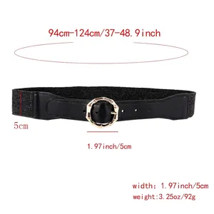 Women's wide black elastic belt with golden octagonal metal buckle and leather details