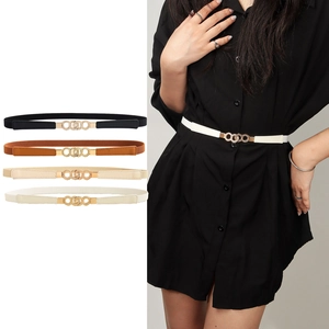 Women Elastic Thin Belt Fashion Waist Cinch Belt With Gold Interlocking Ring Buckle Stretch Waistband For Dresses