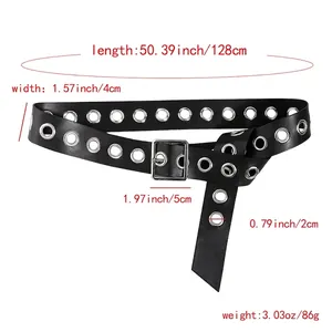 Punk style black wide faux leather belt with silver eyelets and metal buckle for dresses