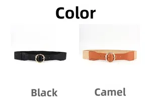 Close-up of elastic woven waist belts in black and camel colors with round buckles