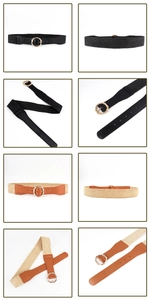 Detail view of woven stretch waist belt with gold round buckle and faux leather accents
