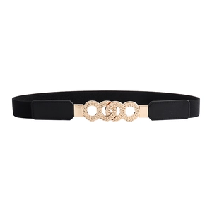 Elastic waist belt for women with golden interlocking three-ring buckle on black band