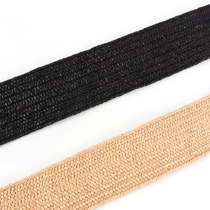 Detailed close-up of woven wide belt texture in black and beige elastic materials