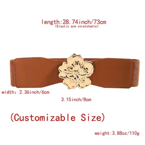 Brown elastic cinch belt featuring a 3D gold flower metal buckle for dresses and coats
