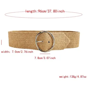 Khaki woven straw elastic belt with round silver buckle for women, 7cm wide style