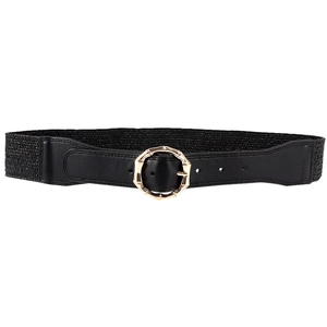 Women's black woven elastic waist belt with vintage gold bamboo buckle for dresses