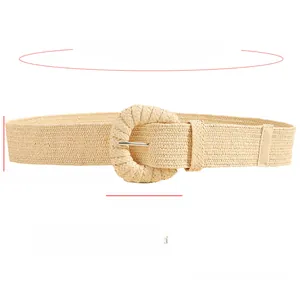 Detail view of woven stretch belt in beige straw style with dimensions and round buckle