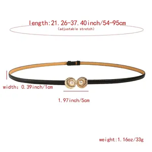 Elastic skinny belt for women with elegant shell buckle and faux pearl accents