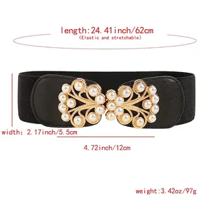 Elastic black waist belt for women with elegant gold pearl buckle and size specifications
