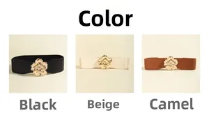 Three elastic waist belts in black beige and camel colors with gold flower metal buckles