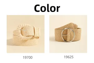 Close-up of khaki woven belts with straw buckle and silver metal buckle details