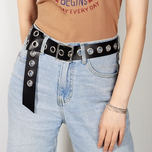 Women's Punk PU Leather Belt Wide Grommet Eyelet Waist Belt With Silver Square Buckle Streetwear Hip Hop Fashion Accessories