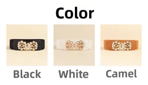 Elastic waist belt for women with pearl metal buckle in black white and camel colors