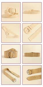 Detail view of khaki woven elastic belts with square and round metal buckles for jeans