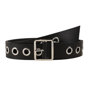 Women's black leather punk belt with silver metal eyelets and square buckle for dresses