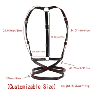 Punk style black leather body harness with adjustable silver buckles and straps