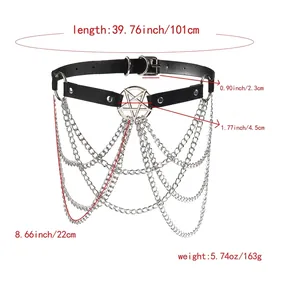 Punk black PU leather waist belt with silver metal star with multi-layer tassel body chains