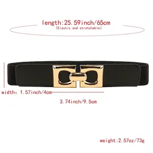 Women's black elastic waist belt with a minimalist golden square metal buckle for dresses