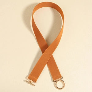 Detail eines orangen elastischen Taillengürtels mit glänzender goldener Knebel-Rundschließe