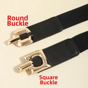 Detail view of black elastic belts featuring gold round and square metal buckle designs