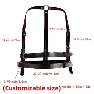 Detailed size chart of black leather body harness with measurements in inches and cm
