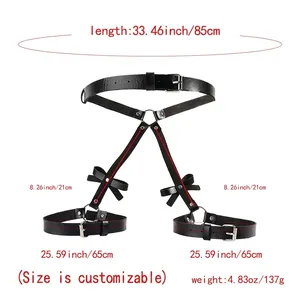 Punk black leather waist belt with leg rings and butterfly bow decoration and sizing details