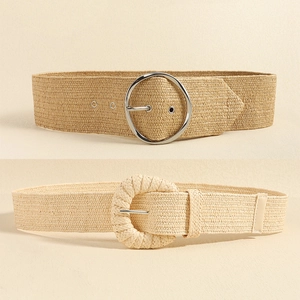 Women Straw Woven Elastic Belt Khaki Fashion Waist Band With Large Round Buckle For Jeans Dresses Vacation Casual Style
