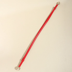 Detail of red leather waist belt with vintage gold metal and white pearl embellishments