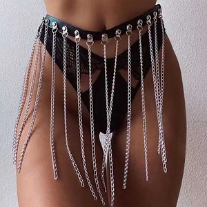 Sexy multi-layer black PU leather waist belt with hanging silver metal fringe chains