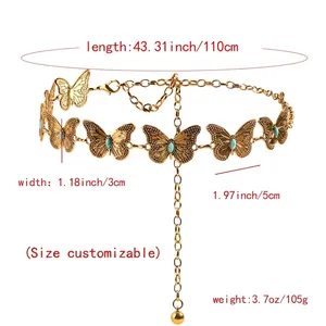 Vintage golden butterfly metal waist chain belt with turquoise accents for dresses