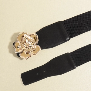 Elegant wide elastic waist belt with a large 3D golden flower metal buckle for women