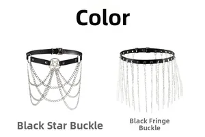 Detail of punk style black PU leather body chains with silver stars and fringe tassels