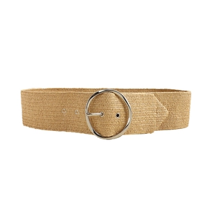 Women khaki woven straw belt with large round metal buckle for jeans and dresses