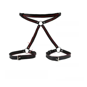 Detailed view of black PU leather body harness with adjustable metal buckles and dimensions